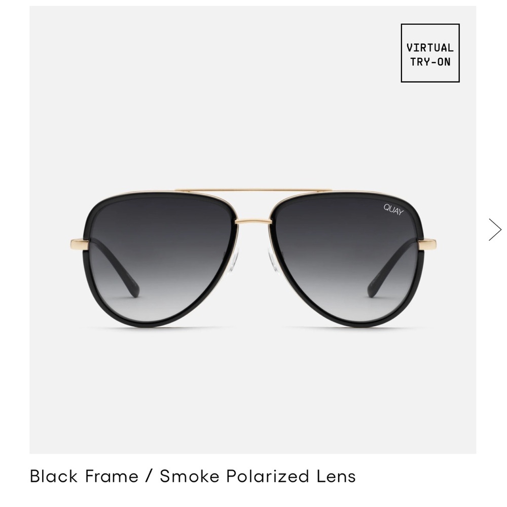 Quay All In sunglasses, black fade lens, black and gold rims